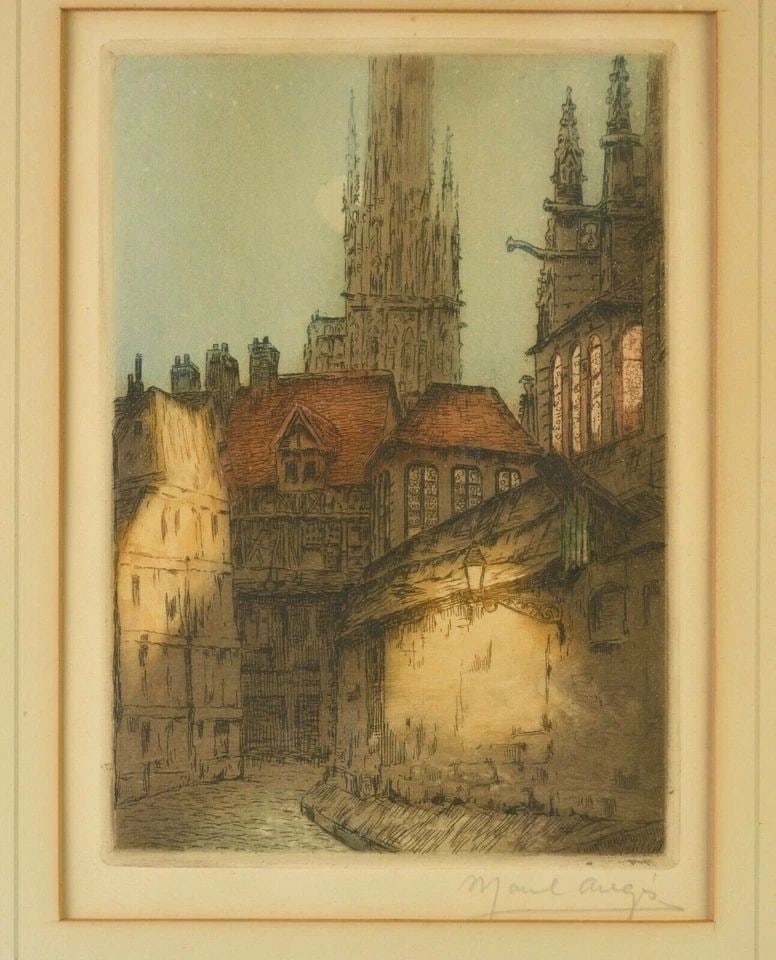 VINTAGE ETCHING OLD FRANCE EUROPE STREET SCENE - MOON BEHIND CATHEDRAL SPIRE (1 of 2)