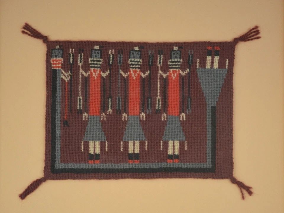 MINIATURE OF NAVAJO RAINBOW YEI IN NEEDLEPOINT - TEXTILE - BEAUTIFULLY FRAMED: MINIATURE OF NAVAJO RAINBOW YEI IN NEEDLEPOINT - TEXTILE - BEAUTIFULLY FRAMED Item Description: This vintage miniature needlepoint piece has been beautifully crafted. It shows a classic Navajo Rainbow