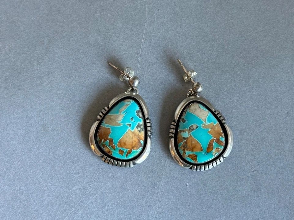 NAVAJO STERLING SILVER WITH NATURAL OJO TURQUOISE EARRINGS. 1 1/8" DROP (1 of 2)