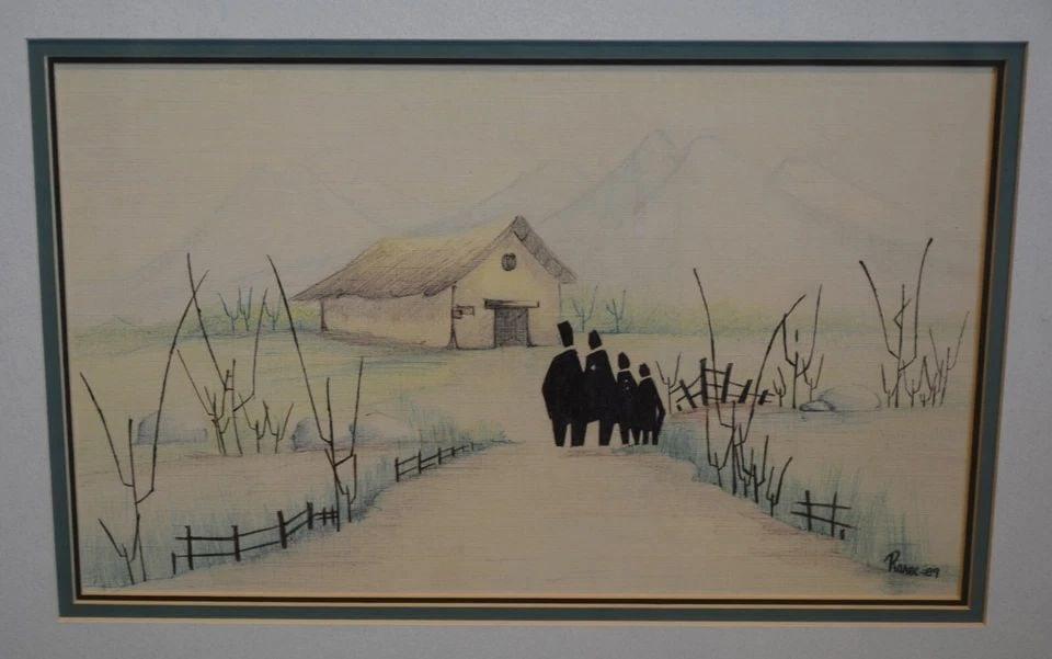 VINTAGE DRAWING - SMALL VILLAGE EASTERN EUROPE? - CHRISTIAN ORTHODOX?: VINTAGE DRAWING - SMALL VILLAGE EASTERN EUROPE? - CHRISTIAN ORTHODOX? Item Description: This original drawing looks to be possibly a group of orthodox Christians possibly in Eastern Europe? The stark 