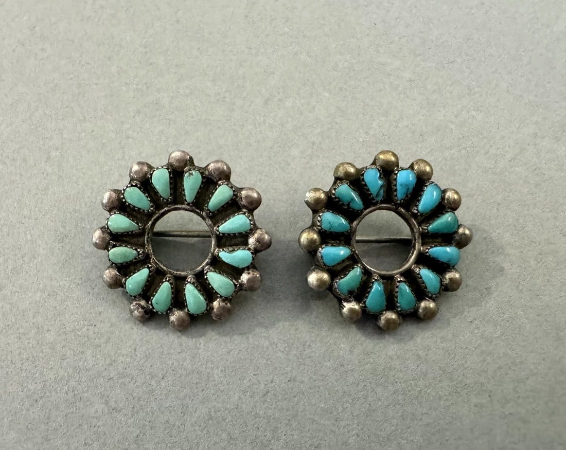 OLD PAWN ZUNI STERLING SILVER AND TURQUOISE PINS PAIR: Two Old Zuni Pins 7/8 " Each Throughout the 40 years that I have been in business, I have purchased jewelry from pawn shops throughout the Southwest that had collections of dead pawn. Most of these pa