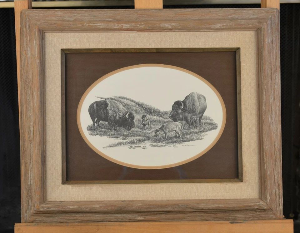 GRAZING BUFFALO W. CALVES - FRAMED ORIGINAL LMTD ED PRINT - SIGNED - MEL DOBSON: GRAZING BUFFALO W. CALVES - FRAMED ORIGINAL LMTD ED PRINT - SIGNED - MEL DOBSON Item Description: This limited edition print was done by Wildlife artist Mel Dobson. Most of Mel's work was done in oil,