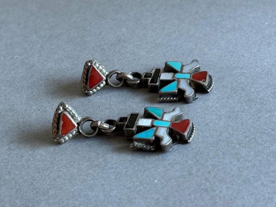 OLD PAWN ZUNI STERLING SILVER INLAID EARRINGS ..1 1/2 " DROP: OLD PAWN ZUNI STERLING SILVER INLAID EARRINGS ..1 1/2 " DROP Vintage Zuni Sterling Silver with Inlaid Turquoise, Shell, Jet and Coral Earrings 1 1/2" drop