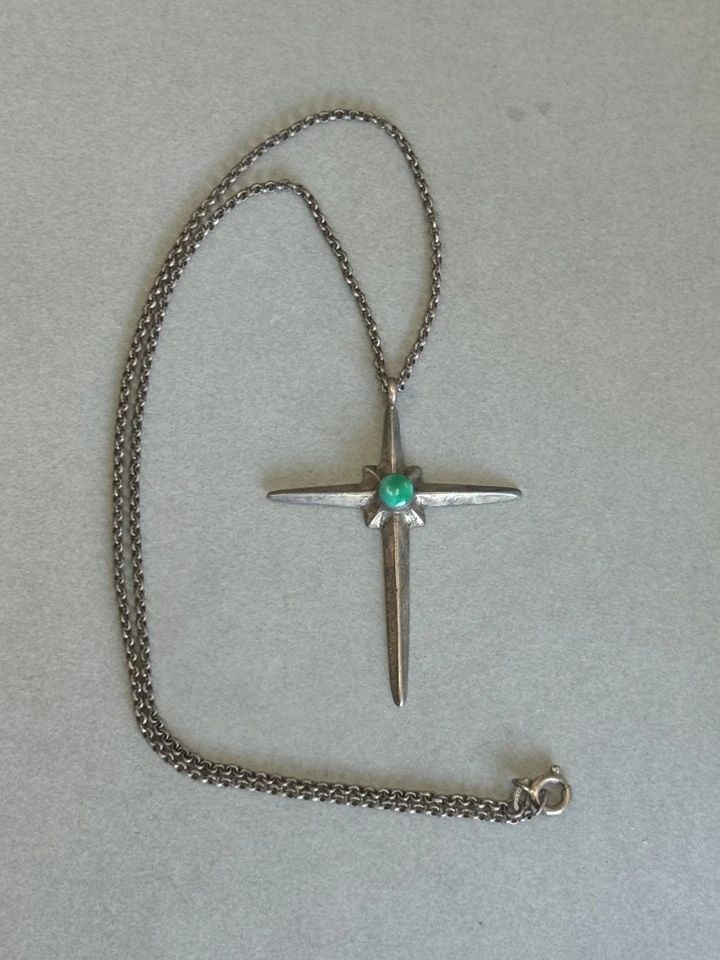 OLD PAWN NAVAJO STERLING SILVER CROSS WITH TURQUOISE AND STERLING CHAIN: OLD PAWN NAVAJO STERLING SILVER CROSS WITH TURQUOISE AND STERLING CHAIN Old Pawn Navajo Sterling Silver Cross With Turquoise and Sterling Chain .. Cross is 1 7/8" Tall..16" Chain ..
