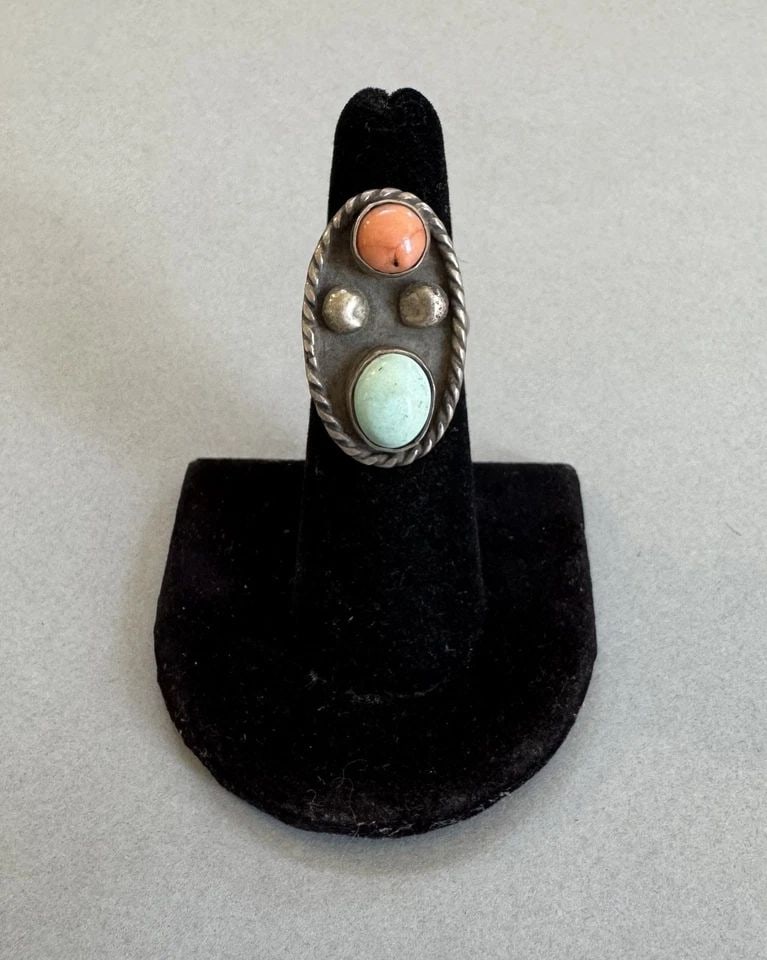 OLD PAWN NAVAJO STERLING SILVER AND TURQUOISE, CORAL RING SIZE 5 1/2: 1 1/8 " Tall 8.5 Grams Throughout the 40 years that I have been in business, I have purchased jewelry from pawn shops throughout the Southwest that had collections of dead pawn. Most of these pawn sho