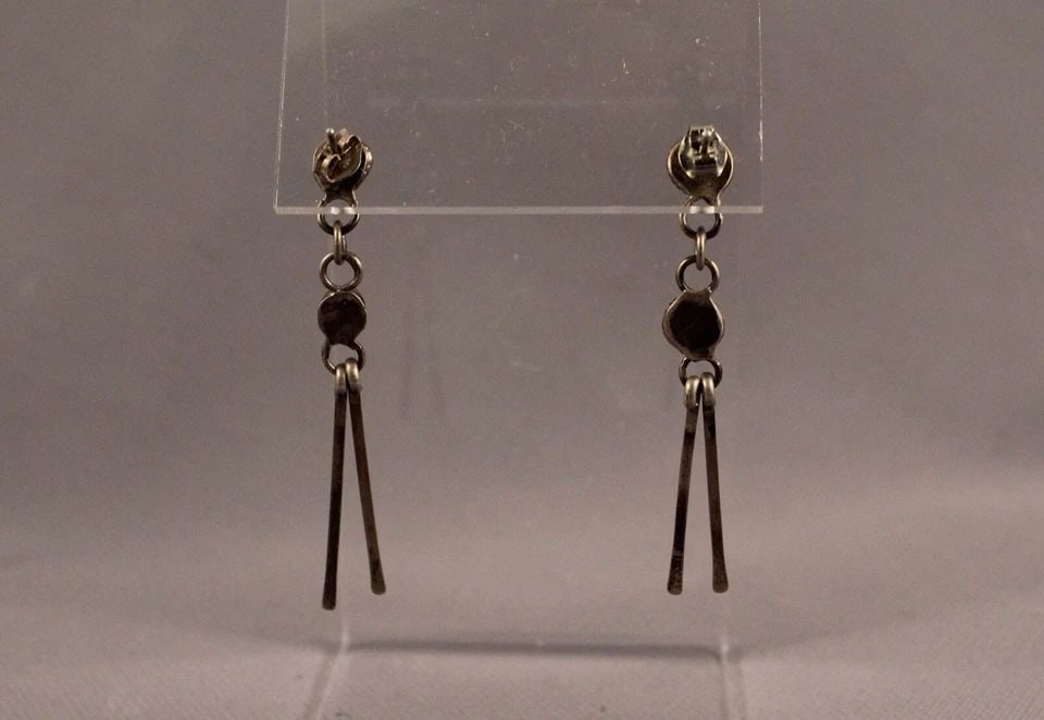 OLD PAWN NAVAJO STERLING SILVER AND TURQUOISE EARRINGS 2 " TALL: OLD PAWN NAVAJO STERLING SILVER AND TURQUOISE EARRINGS 2 " TALL Item Description: 2" length