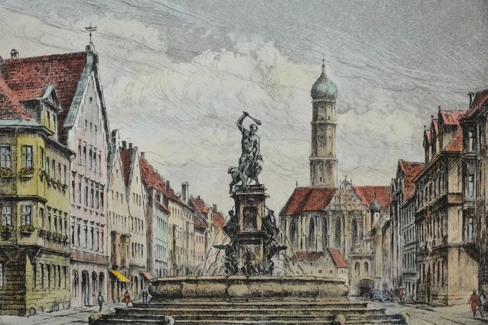BEAUTIFULLY FRAMED VINTAGE COLORED ETCHING PRINT - EUROPEAN STATUE FOUNTAIN: BEAUTIFULLY FRAMED VINTAGE COLORED ETCHING PRINT - EUROPEAN STATUE FOUNTAIN Item Description: This vintage colored etching print has been beautifully matted and framed. It has been pencil signed and t