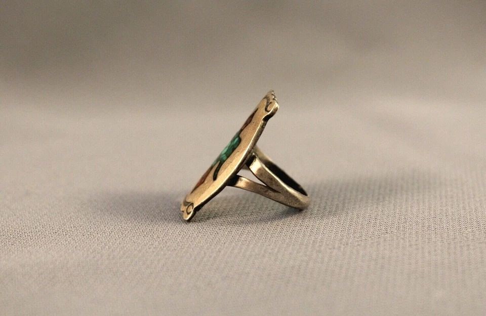 OLD PAWN STERLING SILVER TURQUOISE, CORAL BIRD NAVAJO RING SIZE 5 (1 of 2)