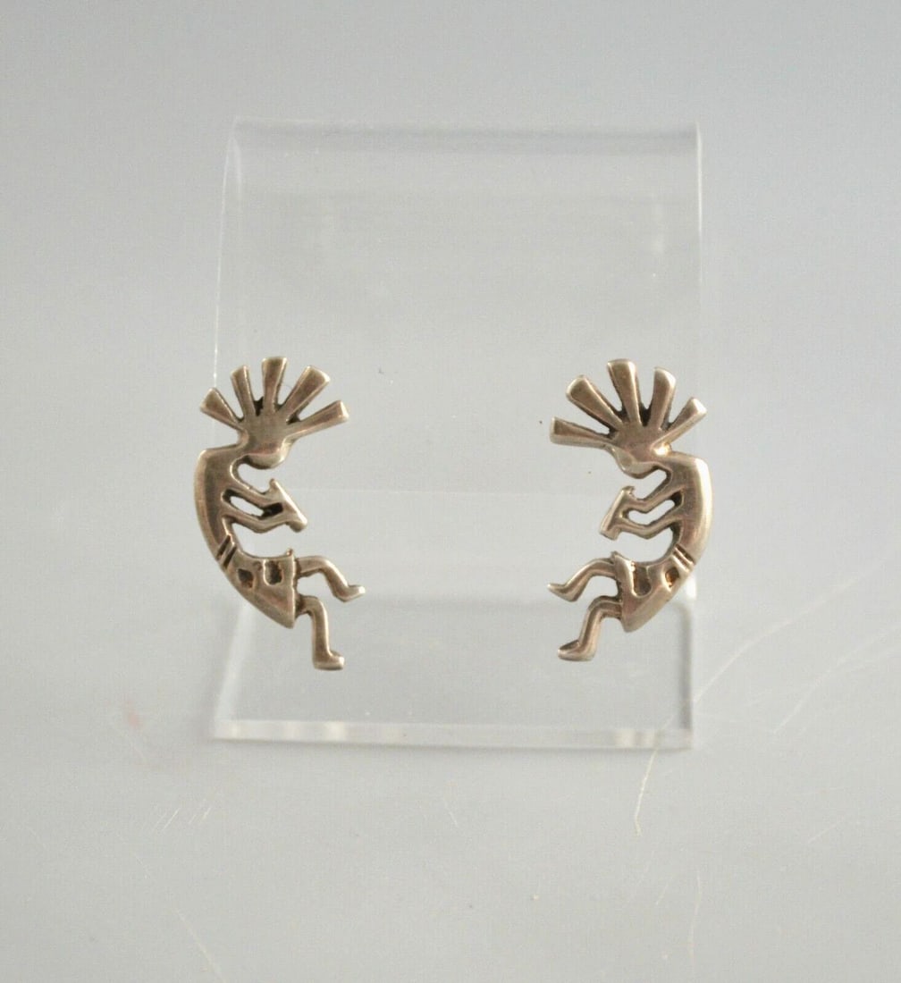 VINTAGE NAVAJO INDIAN CAST SILVER EARRINGS - KOKOPELLI 1 1/4" - KEVIN BILLAH (1 of 2)