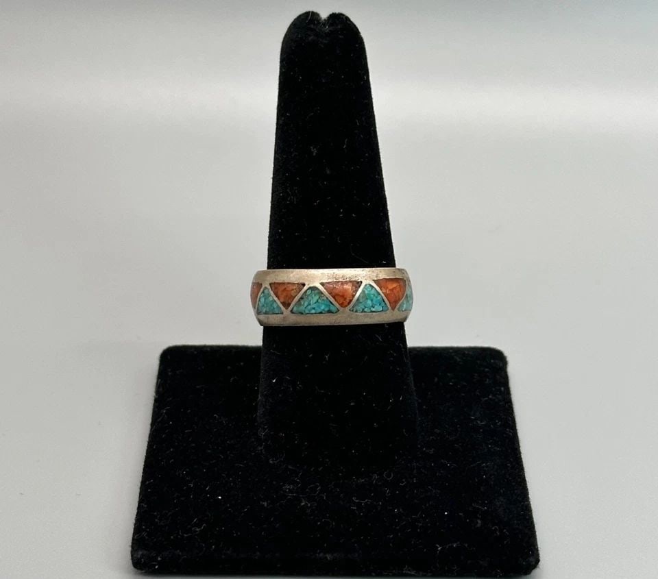VINTAGE NAVAJO TURQUOISE AND CORAL RING SIZE 8 1/2: Item Description: 1/4 " Wide