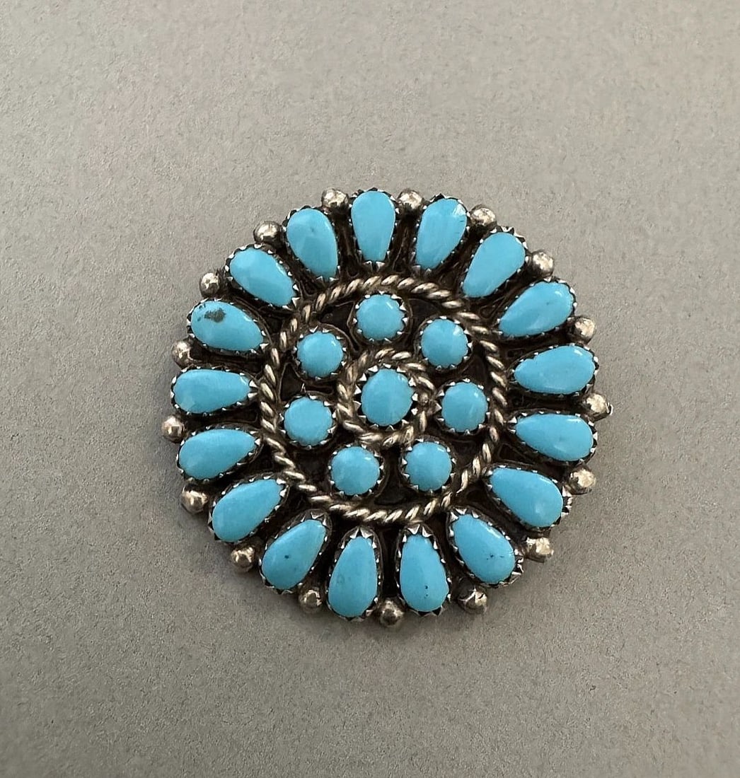 VINTAGE NAVAJO STERLING SILVER AND TURQUOISE PIN SIGNED HB: 1 3/8 " 10 Grams Throughout the 40 years that I have been in business, I have purchased jewelry from pawn shops throughout the Southwest that had collections of dead pawn. Most of these pawn shops and