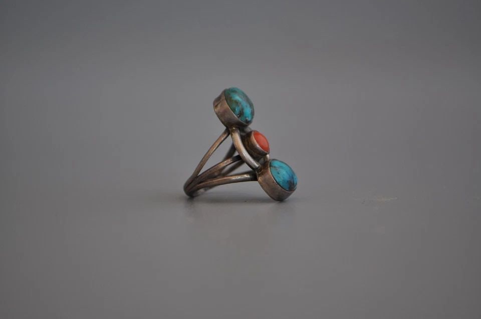 OLD PAWN NAVAJO STERLING SILVER RING - TURQUOISE CORAL SIZE 5 1/2: Weight 5.64 Grams 1" Tall Old Pawn Jewelry dates from the early 1900s to the 1970s. Most of it is not signed because it wasn't the Native American tradition to sign the pieces they crafted. Most of th