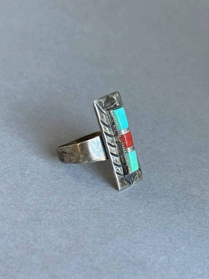 VINTAGE NAVAJO STERLING SILVER WITH TURQUOISE AND CORAL RING. SIZE 9 1/4: Vintage Navajo Sterling Silver with Turquoise and Coral Ring. Size 9 1/4 ..1 1/8" Tall Throughout the 40 years that I have been in business, I have purchased jewelry from pawn shops throughout the Sou