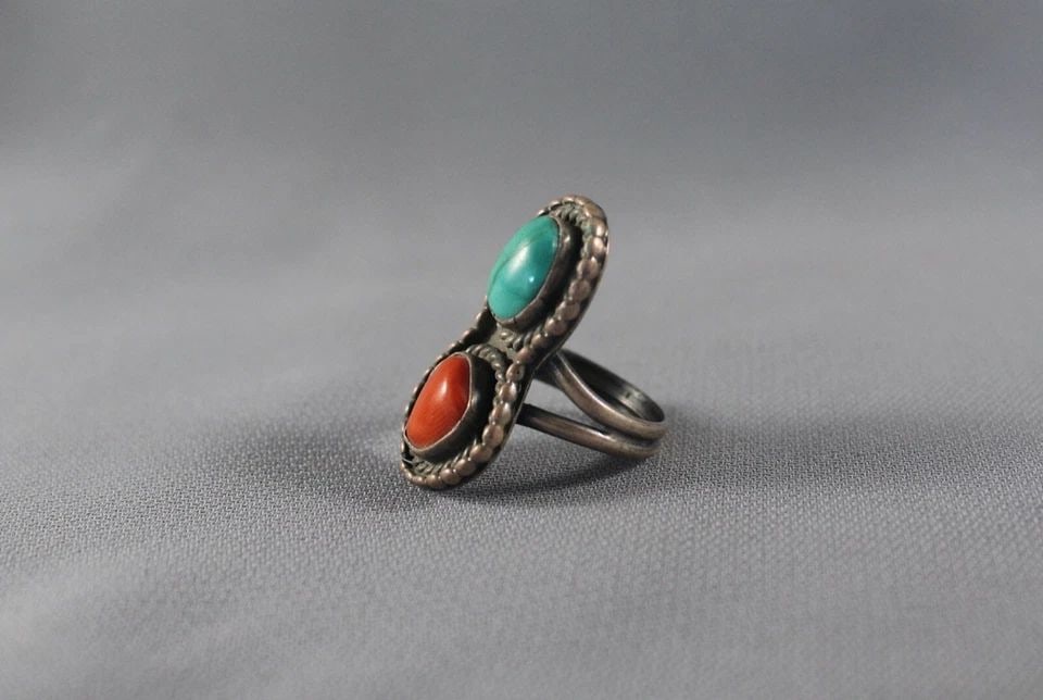 OLD PAWN NAVAJO STERLING SILVER AND TURQUOISE AND CORAL RING SIZE 5: Item Description: 1 1/4” tall