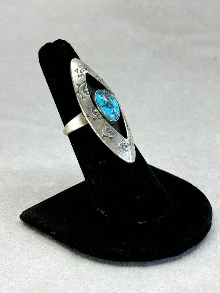 OLD PAWN NAVAJO STERLING SILVER RING WITH TURCUOISE IN SHADOWBOX. SIZE 6 (1 of 2)