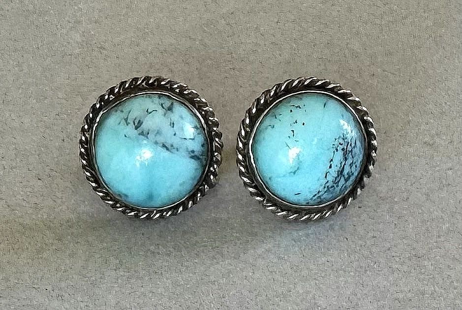 OLD PAWN STERLING SILVER AND TURQUOISE EARRINGS SCREW BACKS: 5/8 " Wide 5.8 Grams Throughout the 40 years that I have been in business, I have purchased jewelry from pawn shops throughout the Southwest that had collections of dead pawn. Most of these pawn shops