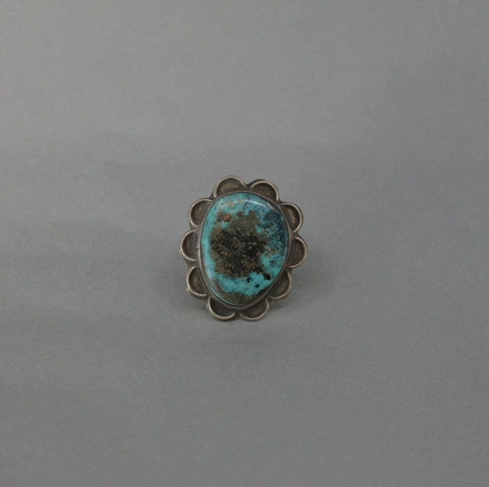 VINTAGE NAVAJO NICKEL SILVER RING - LARGE TURQUOISE STONE - SZ 7.5 - 1.5" TALL (1 of 2)