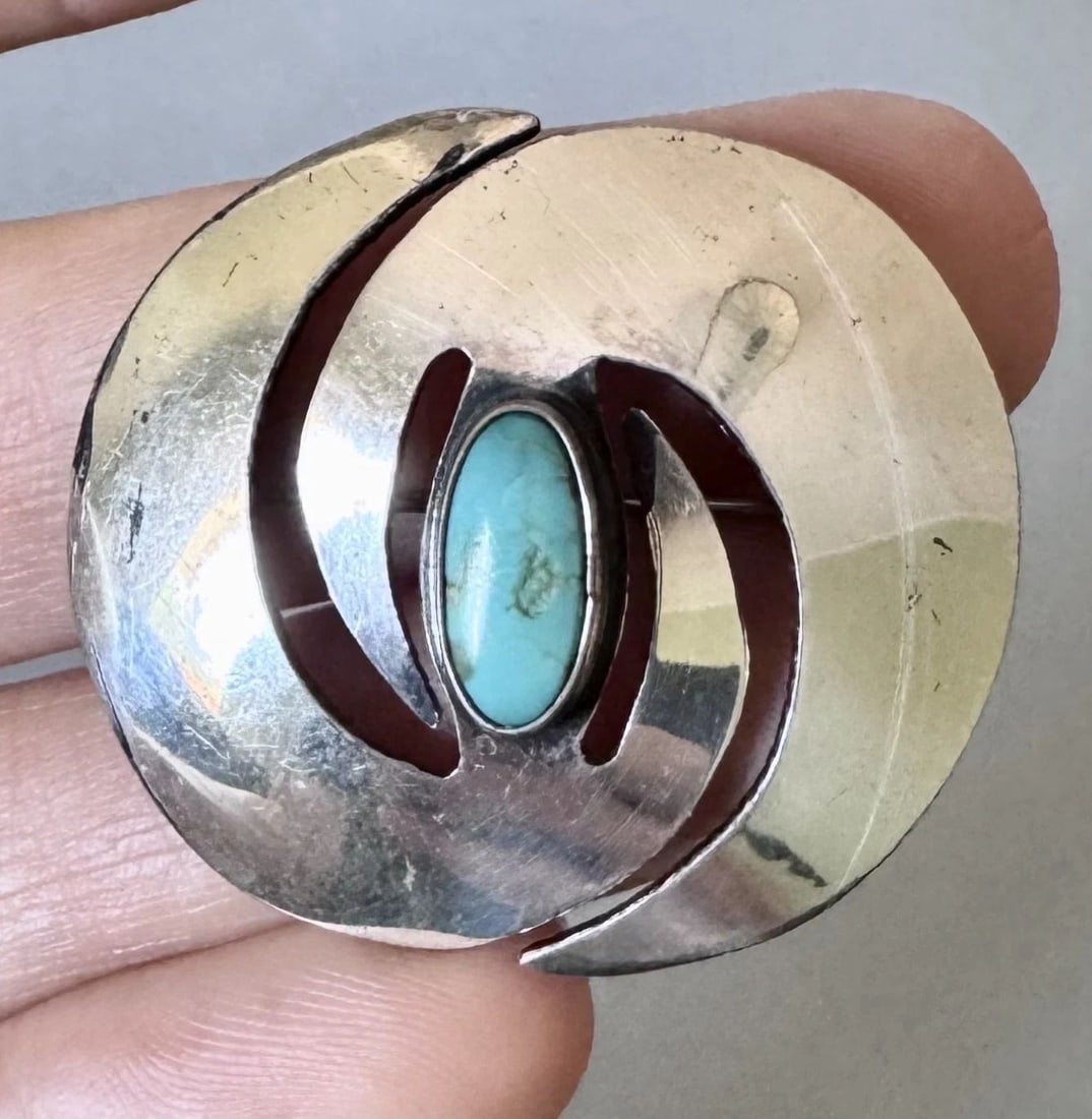 OLD PAWN NAVAJO STERLING SILVER AND TURQUOISE PIN: 1 3/8 " wide .. 8.3 Grams Throughout the 40 years that I have been in business, I have purchased jewelry from pawn shops throughout the Southwest that had collections of dead pawn. Most of these pawn 