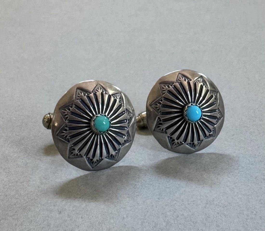 OLD PAWN STERLING SILVER AND TURQUOISE CUFF LINKS: 3/4 " Wide 7.7 Grams Throughout the 40 years that I have been in business, I have purchased jewelry from pawn shops throughout the Southwest that had collections of dead pawn. Most of these pawn shops