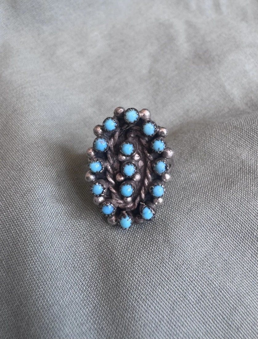 OLD PAWN STERLING SILVER AND TURQUOISE RING SIZE 6 1/2: 7/8" tall Throughout the 40 years that I have been in business, I have purchased jewelry from pawn shops throughout the Southwest that had collections of dead pawn. Most of these pawn shops and tradin