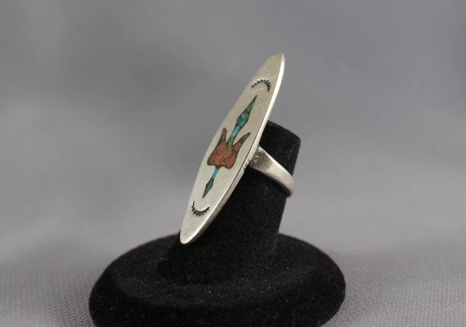 OLD PAWN NAVAJO STERLING AND TURQUOISE AND CORAL PEYOTE BIRD RING SIZE 4 1/4 (1 of 2)