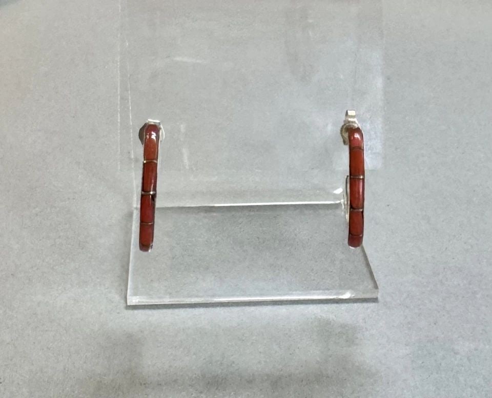 VINTAGE ZUNI STERLING SILVER AND CORAL EARRINGS: 7/8 " Wide 4.2 Grams Throughout the 40 years that I have been in business, I have purchased jewelry from pawn shops throughout the Southwest that had collections of dead pawn. Most of these pawn shops