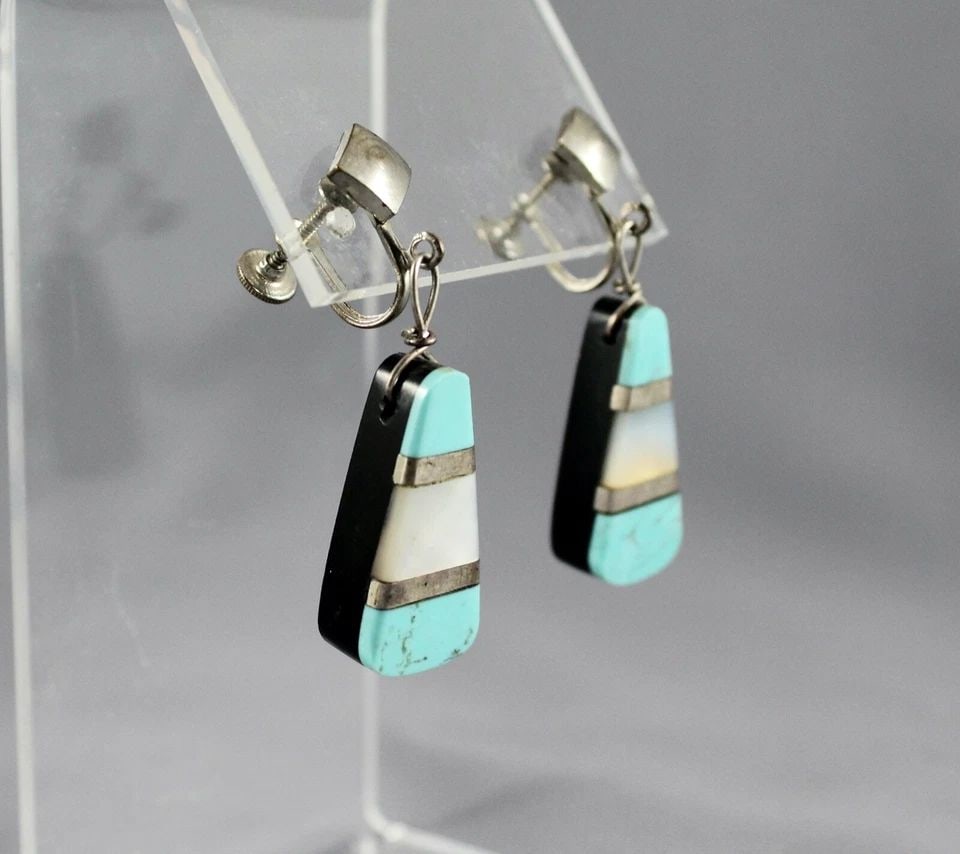 VTG SANTO DOMINGO PUEBLO INDIAN SILVER INLAY EARRINGS - 1.75" DANGLES (1 of 2)