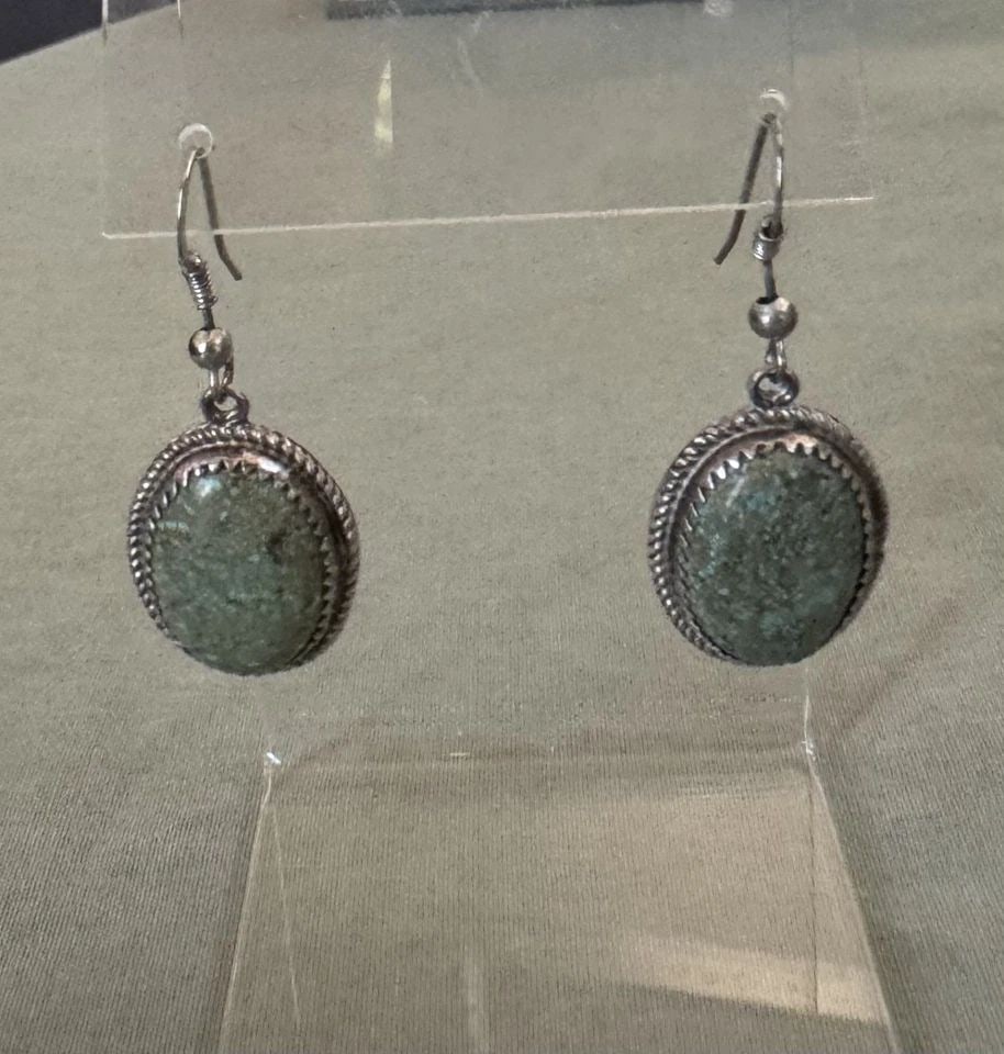 OLD PAWN STERLING SILVER AND TURQUOISE EARRINGS SIGNED R: OLD PAWN STERLING SILVER AND TURQUOISE EARRINGS SIGNED R 1 5/8" Drop .. 7/8" x 5/8" Turquoise ..7 Grams Throughout the 40 years that I have been in business, I have purchased jewelry from pawn shops t