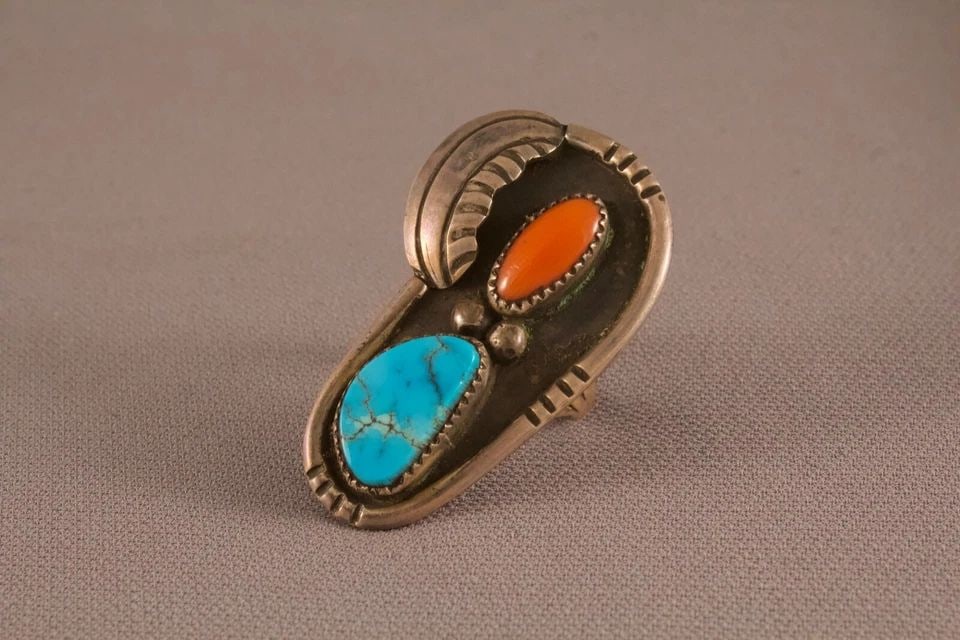 OLD PAWN NAVAJO TURQUOISE AND CORAL RING ..SIZE 6 3/4: Item : 1 3/4" tall ..Great Older Navajo Ring With Turquoise And Coral