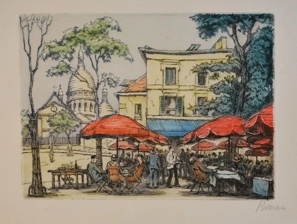VINTAGE COLORED ETCHING PRINT - PARIS BUSY STREET CAFE MONTMARTRE - SIGNED BONAN (1 of 2)