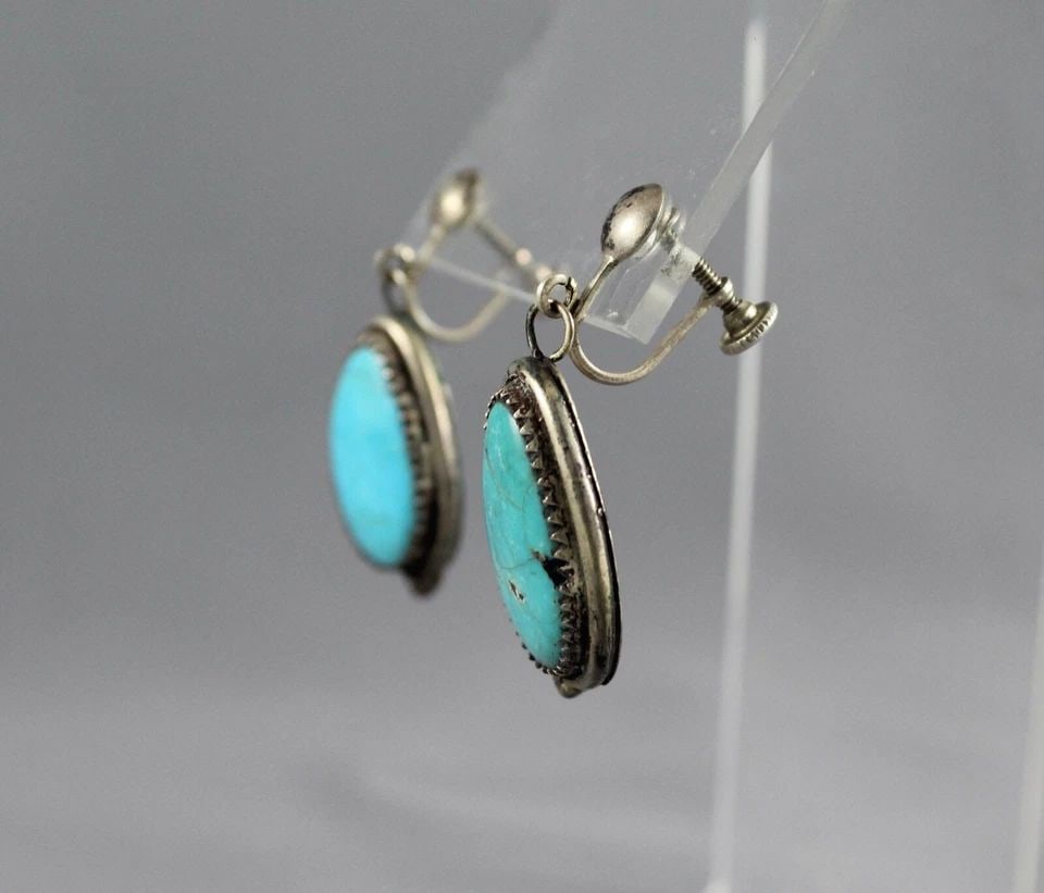 OLD PAWN NAVAJO INDIAN SILVER 1 5/8" DANGLE EARRINGS - TURQUOISE - SCREW-BACKS (1 of 2)