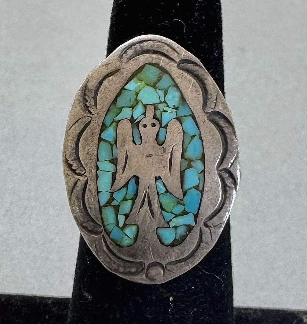OLD PAWN NAVAJO STERLING SILVER AND TURQUOISE RING WATER BIRD SZ. 6: 1" Tall 6 Grams Throughout the 40 years that I have been in business, I have purchased jewelry from pawn shops throughout the Southwest that had collections of dead pawn. Most of these pawn shops and 