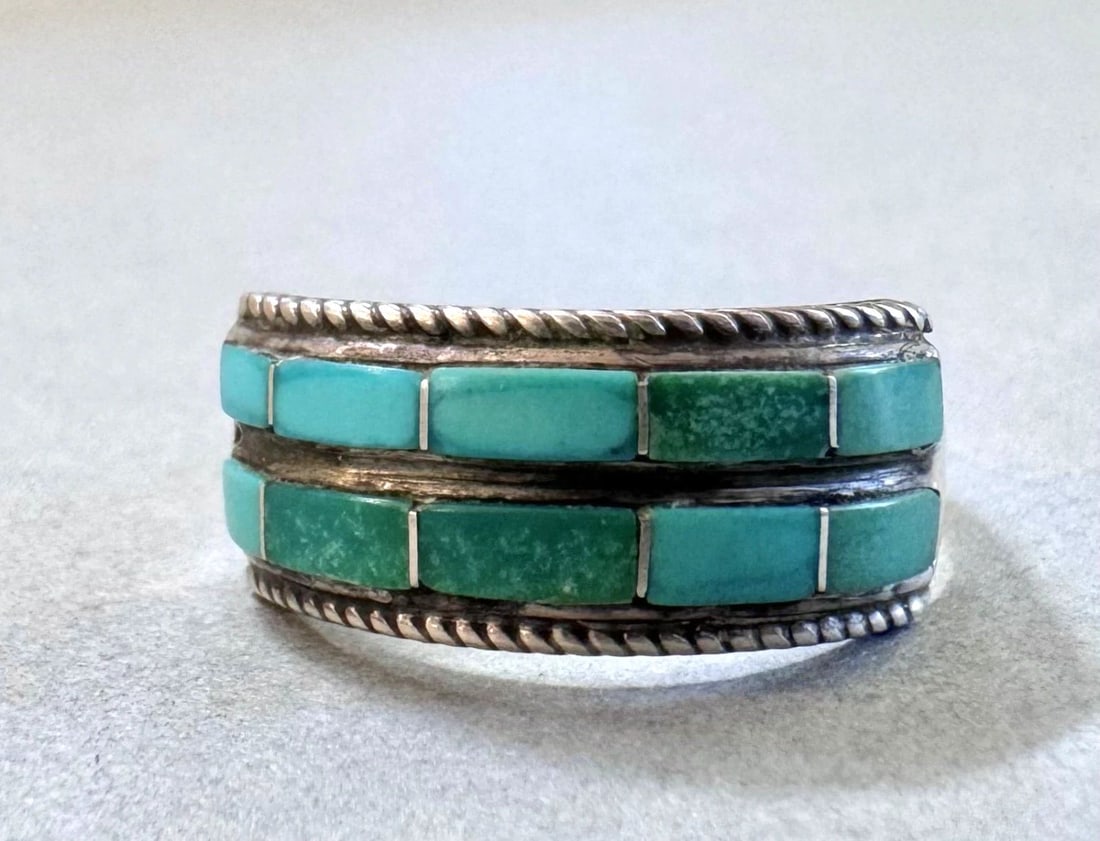 OLD PAWN ZUNI STERLING SILVER AND TURQUOISE RING SIZE 9 1/4: 3/8 " wide 2.9 Grams Throughout the 40 years that I have been in business, I have purchased jewelry from pawn shops throughout the Southwest that had collections of dead pawn. Most of these pawn shops