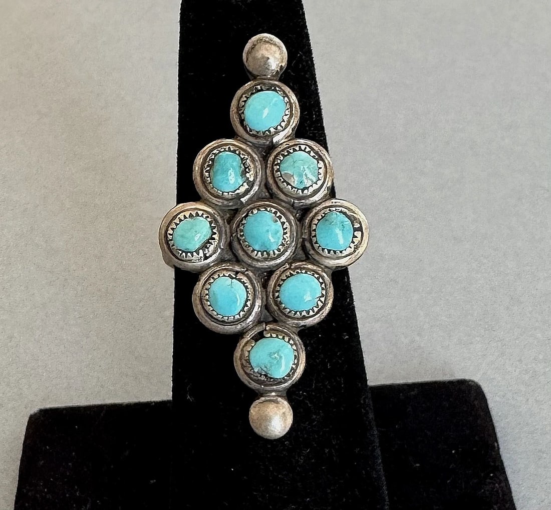 OLD PAWN ZUNI STERLING SILVER TURQUOISE RING SIZE 6 1/2: 1 3/8 " Tall 6 Grams Throughout the 40 years that I have been in business, I have purchased jewelry from pawn shops throughout the Southwest that had collections of dead pawn. Most of these pawn shops