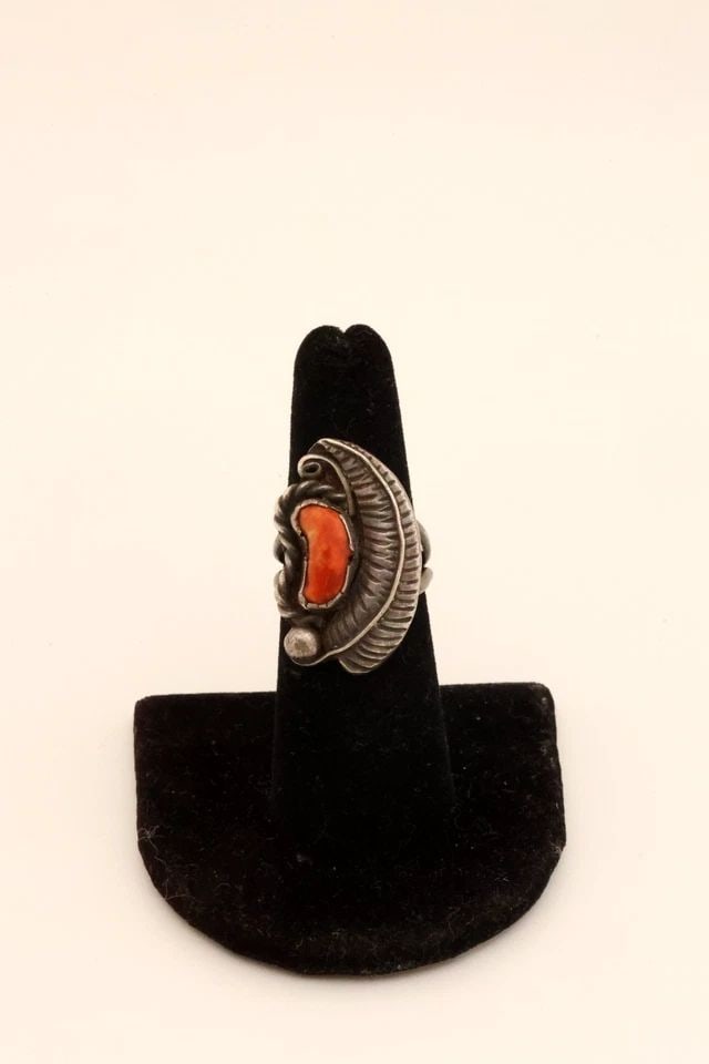 OLD PAWN STERLING SILVER AND CORAL RING SIGNED JR SIZE 6 1/2: 1 1/8" Tall 8.9 Grams Throughout the 40 years that I have been in business, I have purchased jewelry from pawn shops throughout the Southwest that had collections of dead pawn. Most of these pawn shop