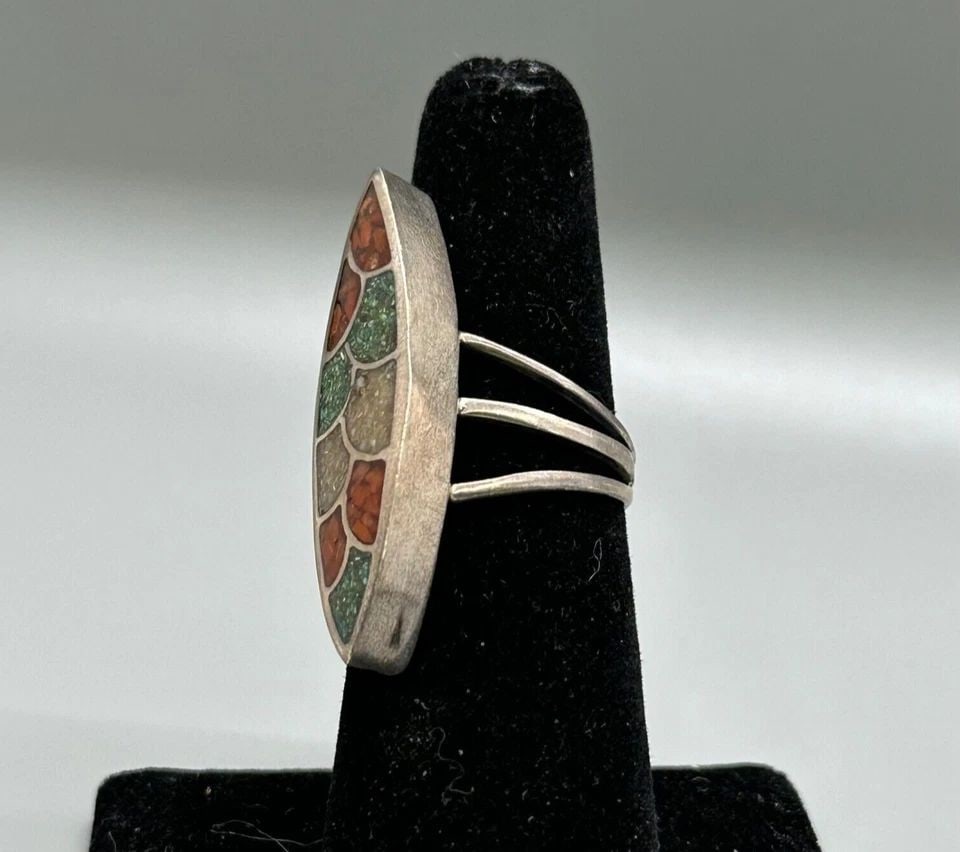 OLD PAWN SILVER ZUNI TURQUOISE ,CORAL AND SHELL RING SIZE 6: OLD PAWN SILVER ZUNI TURQUOISE ,CORAL AND SHELL RING SIZE 6 Item Description: 1 1/2" Tall