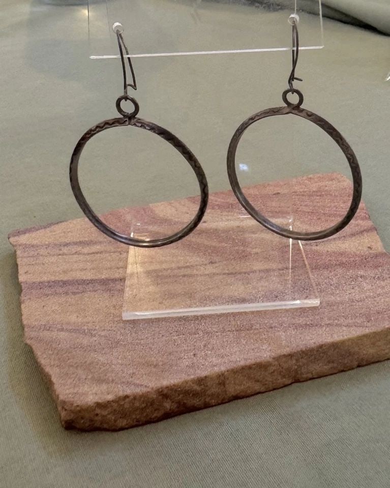 OLD PAWN NAVAJO STERLING SILVER LOOP EARRINGS 2 " DROP: OLD PAWN NAVAJO STERLING SILVER LOOP EARRINGS 2 " DROP 2 " Drop x 1 3/8 " Wide Throughout the 40 years that I have been in business, I have purchased jewelry from pawn shops throughout the Southwest t