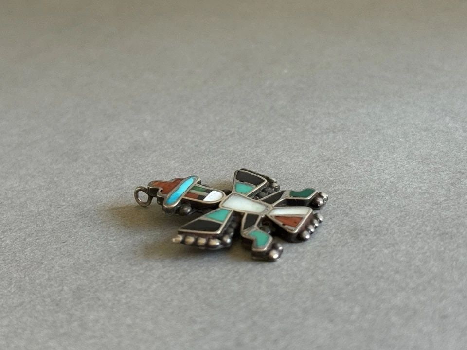 OLD PAWN ZUNI STERLING SILVER KNIFEWING INLAID STONE, CORAL AND SHELL PENDANT (1 of 2)