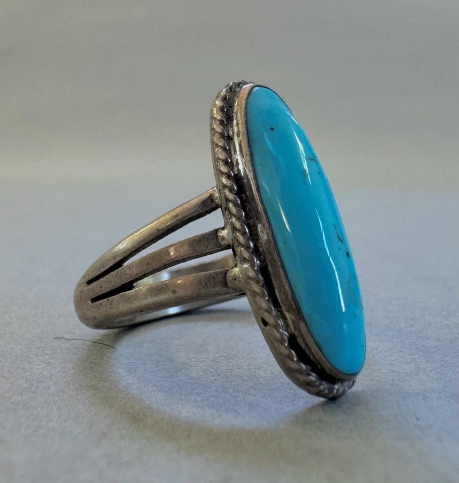 OLD PAWN NAVAJO STERLING SILVER TURQUOISE RING SIZE 7 1/4: 7/8 " Tall 6.2 Grams Throughout the 40 years that I have been in business, I have purchased jewelry from pawn shops throughout the Southwest that had collections of dead pawn. Most of these pawn shops
