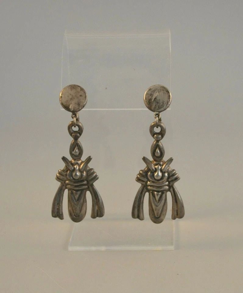 OLD PAWN EARLY MEXICAN SILVER EARRINGS - DANGLE - SCREWBACK CLASPS - 2 1/2" DROP (1 of 2)