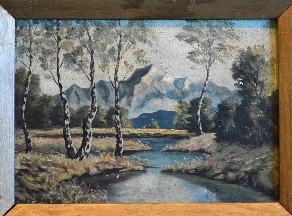 SMALL ANTIQUE OIL PAINTING - 1930 - MOUNTAIN LANDSCAPE - SIGNED BRAZDILIK (1 of 2)