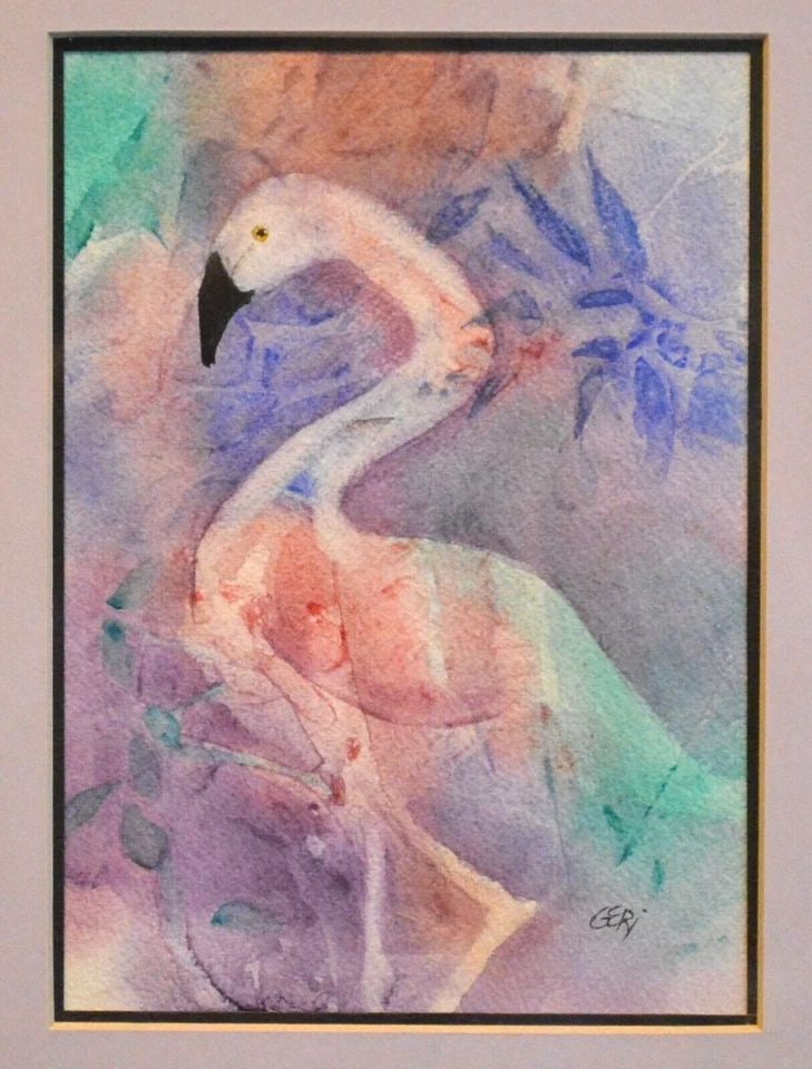 GERI WARD - WATERCOLOR PAINTING - PINK FLAMINGO - SOFT PASTELS - MATTED FRAMED (1 of 2)