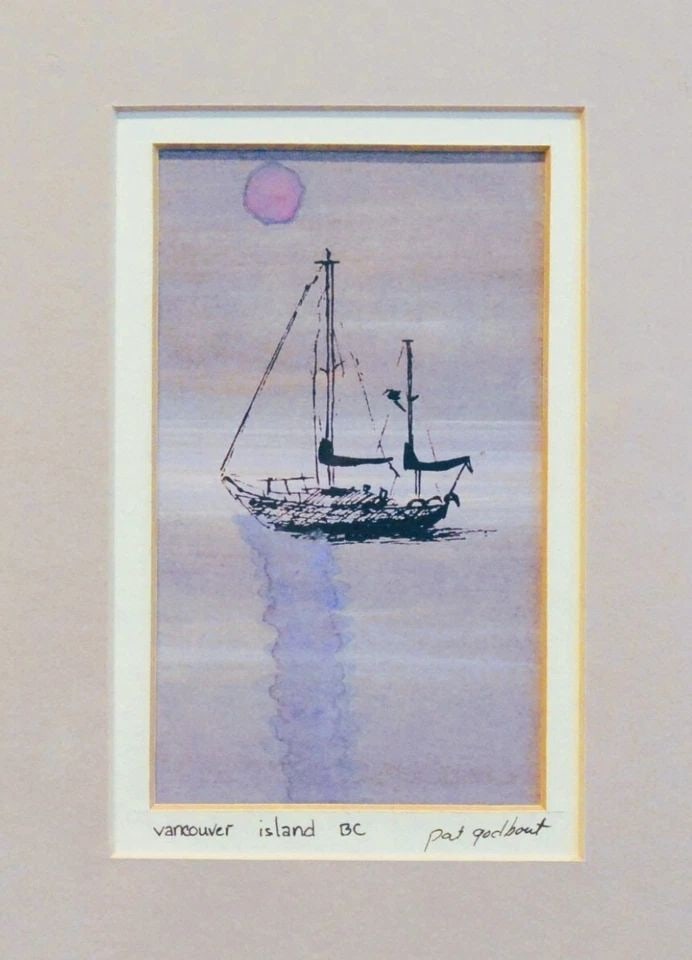 PAT GODBOUT - WATERCOLOR PAINTING VANCOUVER ISLAND BC SAILING SHIP AT SEA SUNSET (1 of 2)