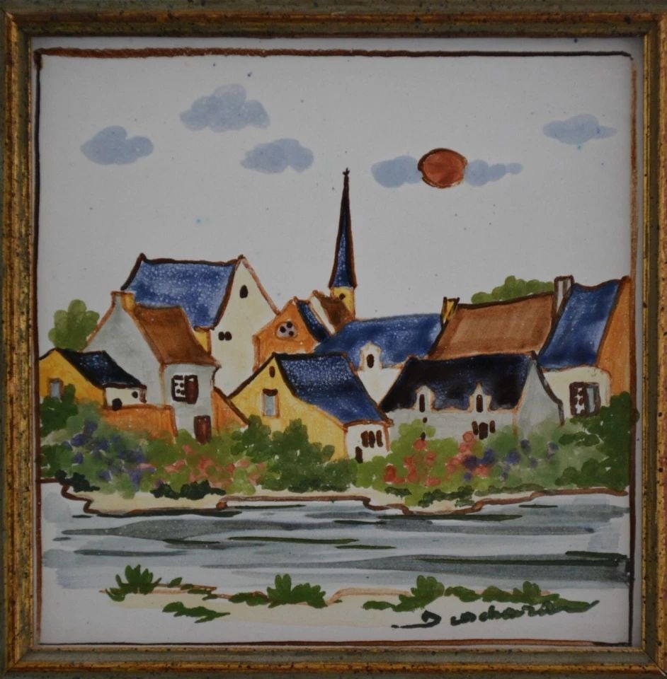 FRAMED HANDPAINTED CERAMIC TILE OLD VILLAGE LANDSCAPE BY RIVER - 5" X 5" SIGNED (1 of 2)
