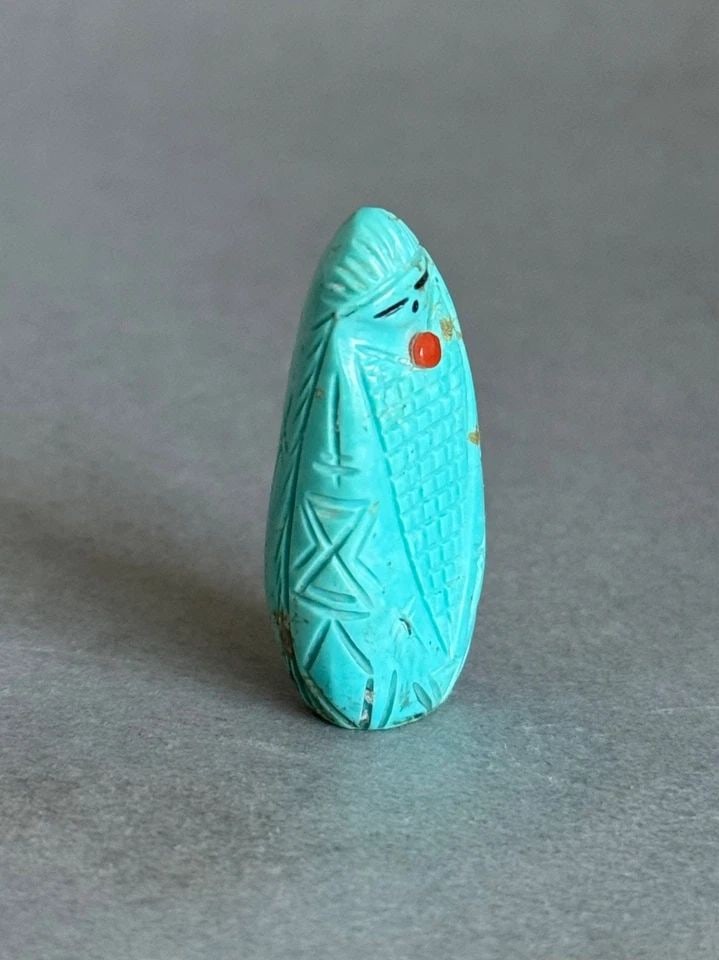 TURQUOISE CORN MAIDEN ZUNI FETISH WITH CORAL AND JET SIGNED DC (1 of 2)