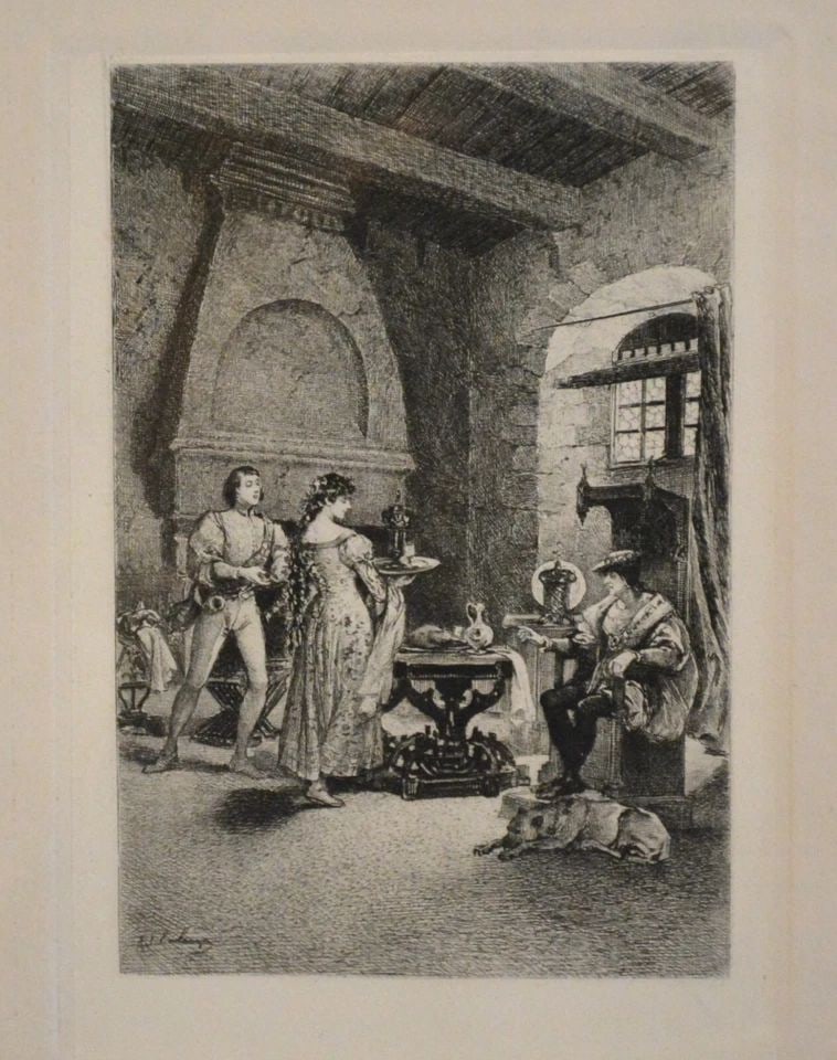 ANTIQUE ETCHING OUT OF BOOK "QUENTIN DURWARD" BY SIR WALTER SCOTT - 1894 (1 of 2)