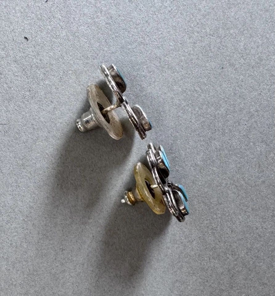 OLD PAWN ZUNI STERLING SILVER AND TURQUOISE BUTTERFLY EARRINGS: 5/8 " 4.3 Grams Throughout the 40 years that I have been in business, I have purchased jewelry from pawn shops throughout the Southwest that had collections of dead pawn. Most of these pawn shops and 