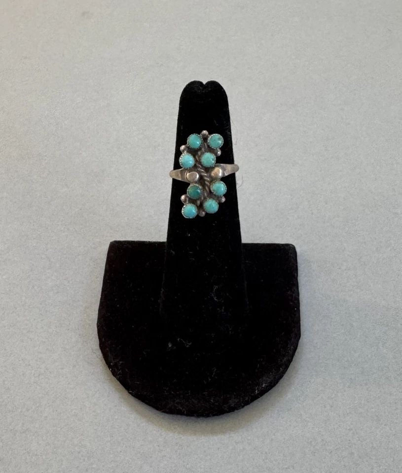 OLD PAWN ZUNI STERLING SILVER AND TURQUOISE RING SIZE 4 3/4: 3/4 " Tall 3 Grams Throughout the 40 years that I have been in business, I have purchased jewelry from pawn shops throughout the Southwest that had collections of dead pawn. Most of these pawn shops a