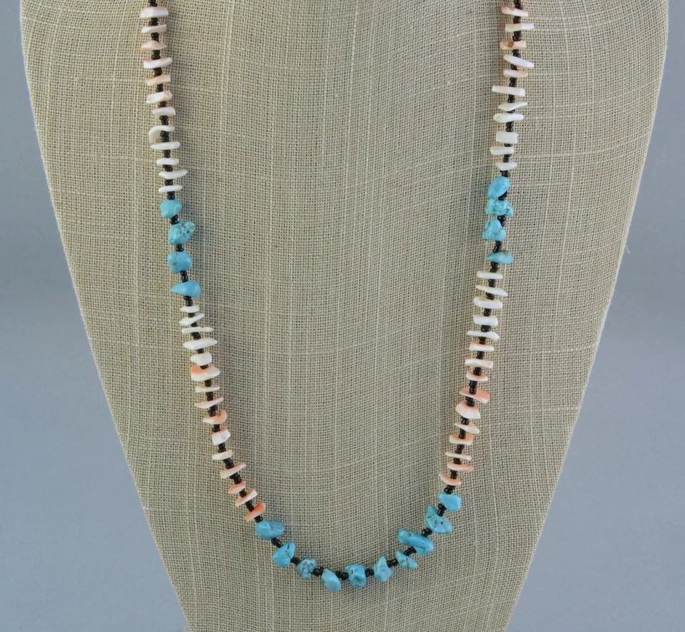 VINTAGE NAVAJO TURQUOISE AND SHELL BEADED NECKLACE - 25": Beads are App. 1/4" Throughout the 40 years that I have been in business, I have purchased jewelry from pawn shops throughout the Southwest that had collections of dead pawn. Most of these pawn shops 