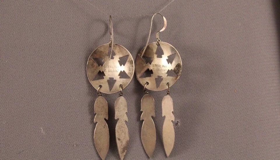 VINTAGE NAVAJO SILVER AND CORAL EARRINGS -FEATHERS.. (1 of 2)